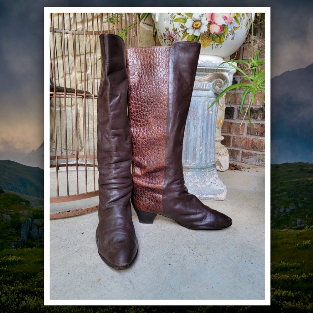 vintage 1980s brown leather alligator embossed knee high riding boots  8B